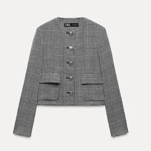 NWT medium Zara SHORT Crop Black White HOUNDSTOOTH BLAZER  Silver button detail